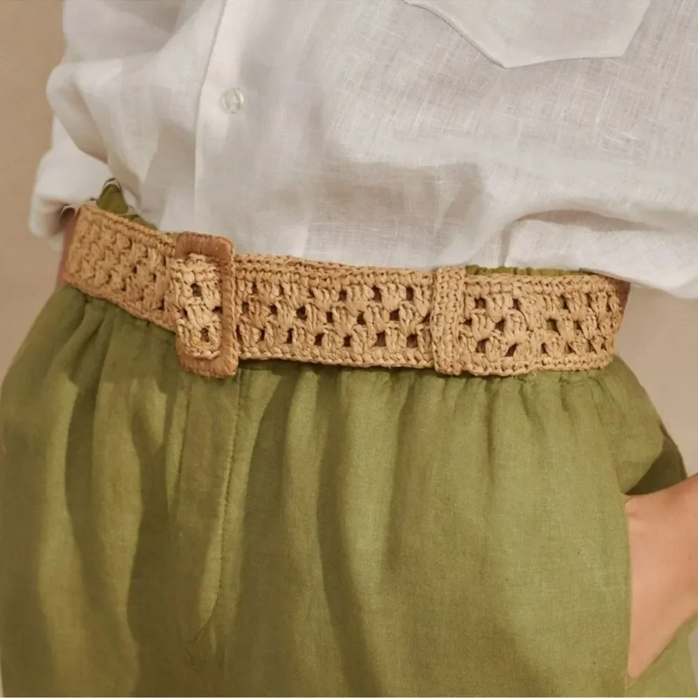 Vince Camuto L-XL Stretch Raffia Belt Natural Multi